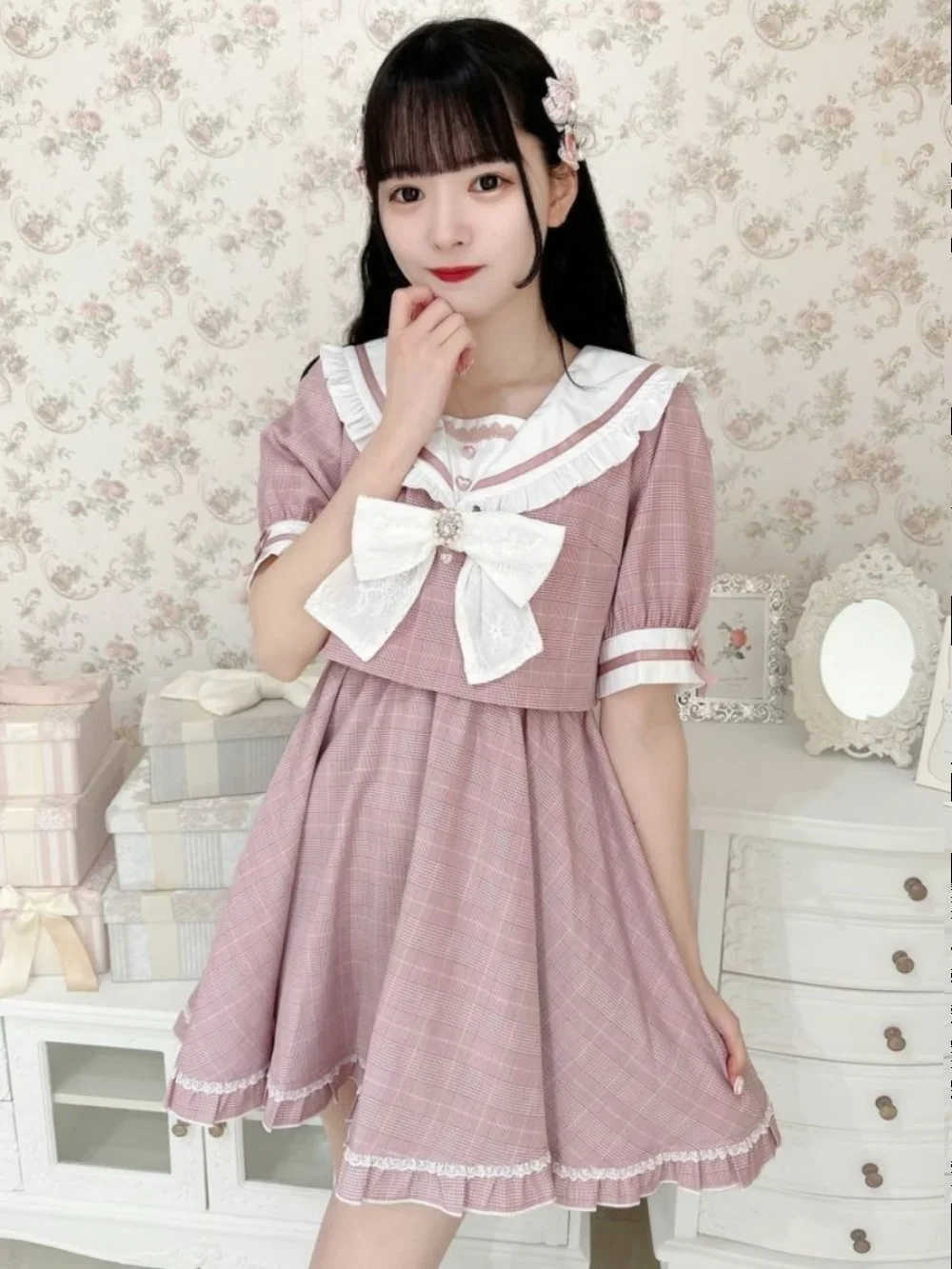 Rojita Dress Sailor Collar with Bow Miniskirt College Lolita Japanese Style Casual Short Sleeve Dresses for Women Summer