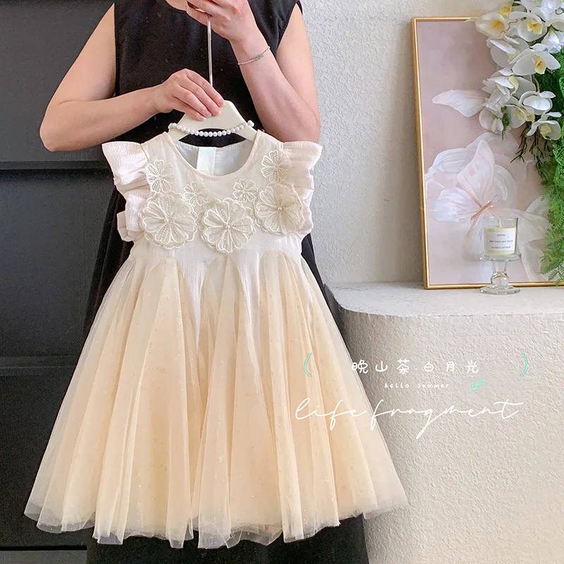 New stylish mesh patchwork princess dress with small flutter sleeves for girls
