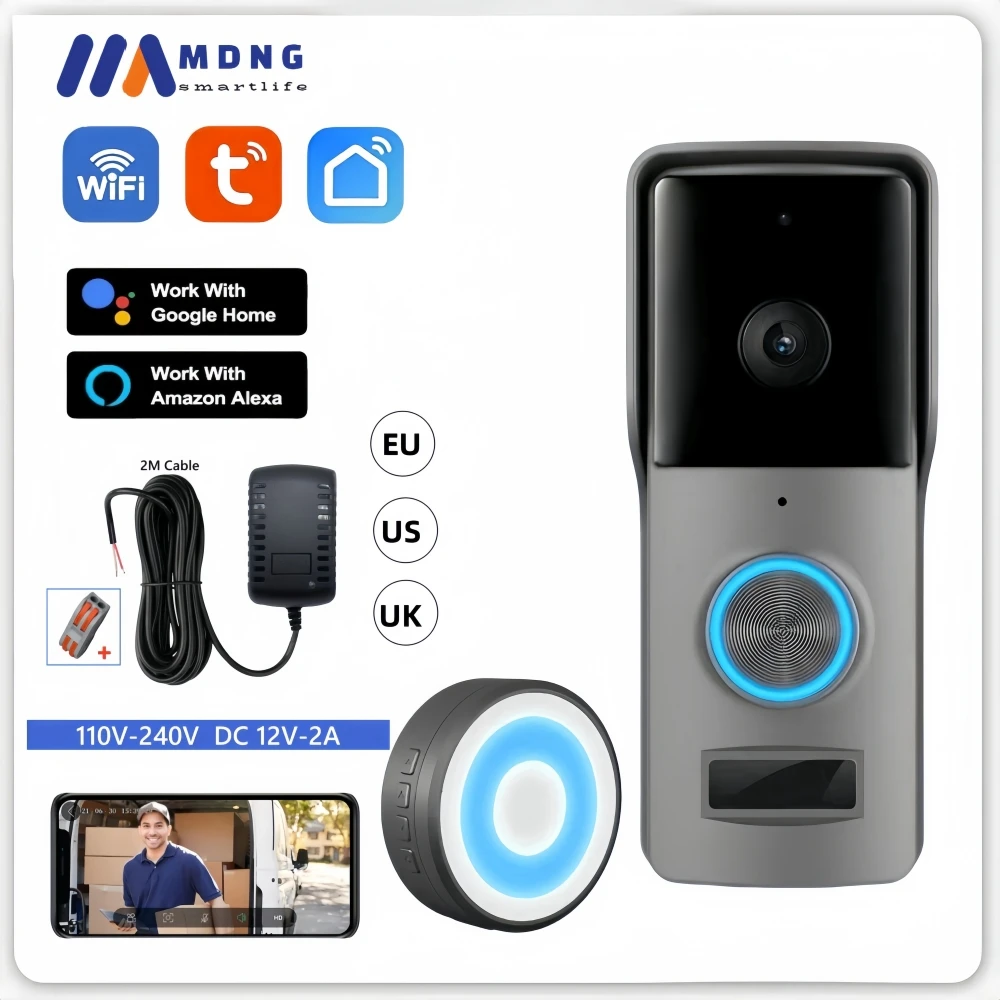 Tuya Smart Video Doorbell Camera Wifi Wireless Alexa Doorbell Street Ring Video Door Camera AC12-24V Powered Security Protection