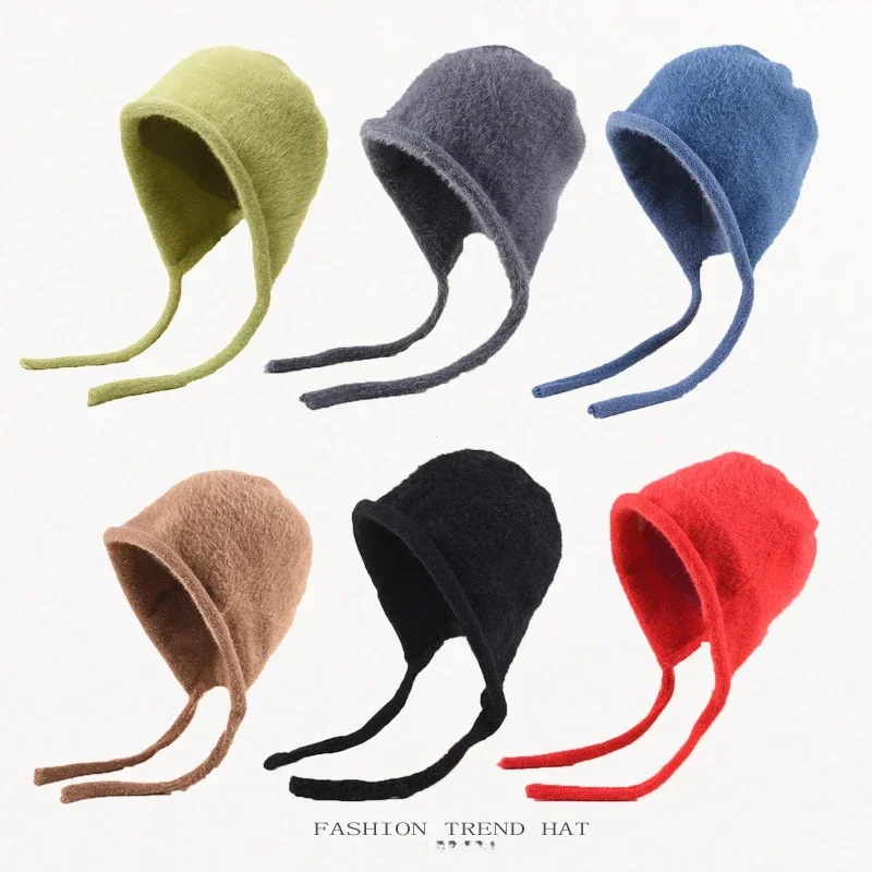 Y2K Cute Beanie Autumn Winter Women Warm Japanese Knit Hat Pile Caps Men Ear Protection Tie Pullover Hat Gorro Bonnet