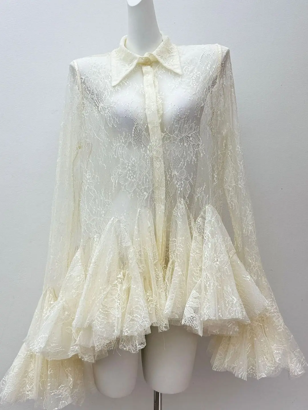 الصيف مثير الحلو الدانتيل أعلى جرس بوت تصميم تنفس رقيقة البوليستر طويل Sve طوق لون نقي Ele Sle Wome...