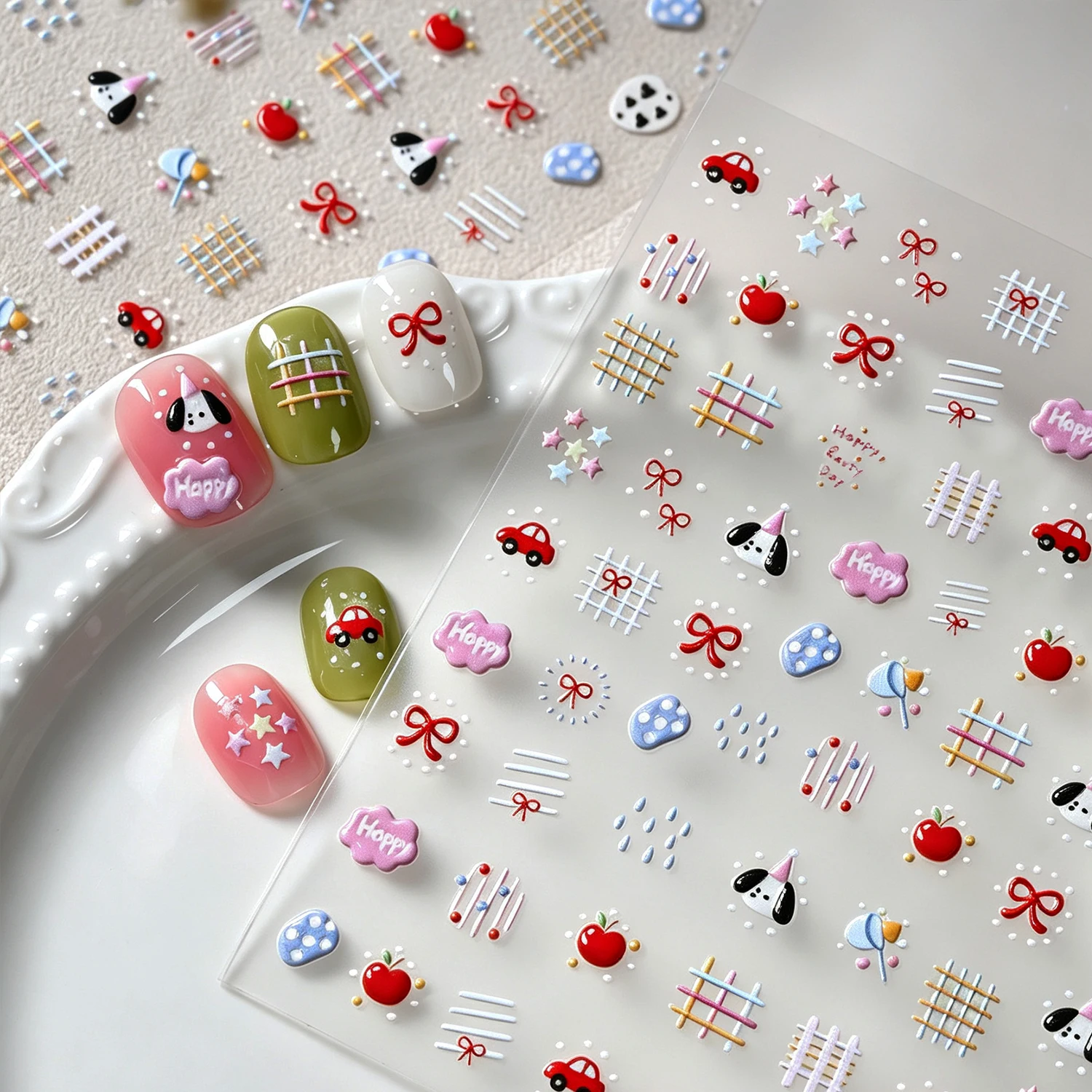 5D Cute Animals Graffiti Lines Nail Art Stickers Cartoon Car Puppy Bow Star Apple Self‑Adhesive Nail Decals Kawaii Nail Decorati