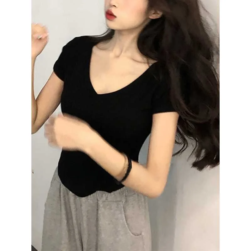 T-shirt v-ne ort Sve pour femmes, couleur Pure, coupe cintrée, Cleanfit h-sle, mi-année, Ciwalk Faion, tendance, été 2023