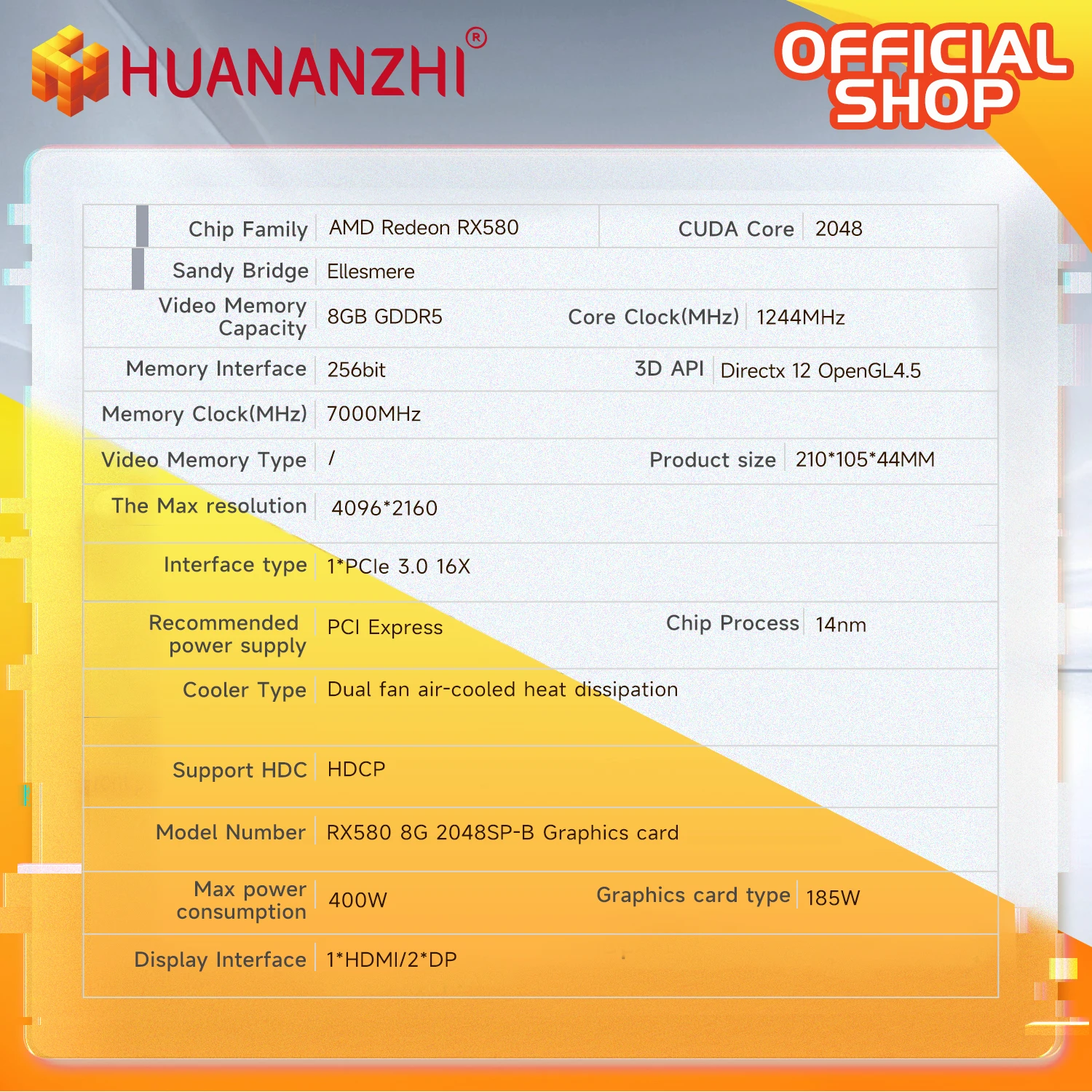 HUANANZHI RX 580 8G 2048SP بطاقات الرسومات 256Bit GDDR5 HDMI-متوافق مع DP DVI GPU RX580 8G بطاقة الفيديو