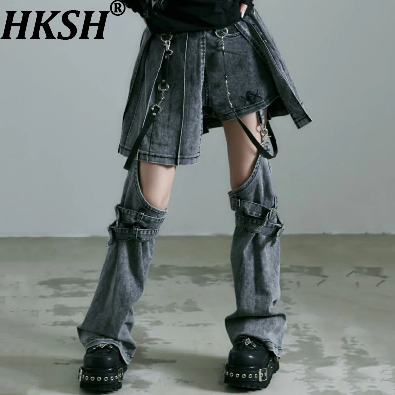 

HKSH Women Pantskirt Japanese Style Pleated Short Skirt Jeans Detachable Leg Covers Dark Y2K Denim Culotte Spring Summer HK19381