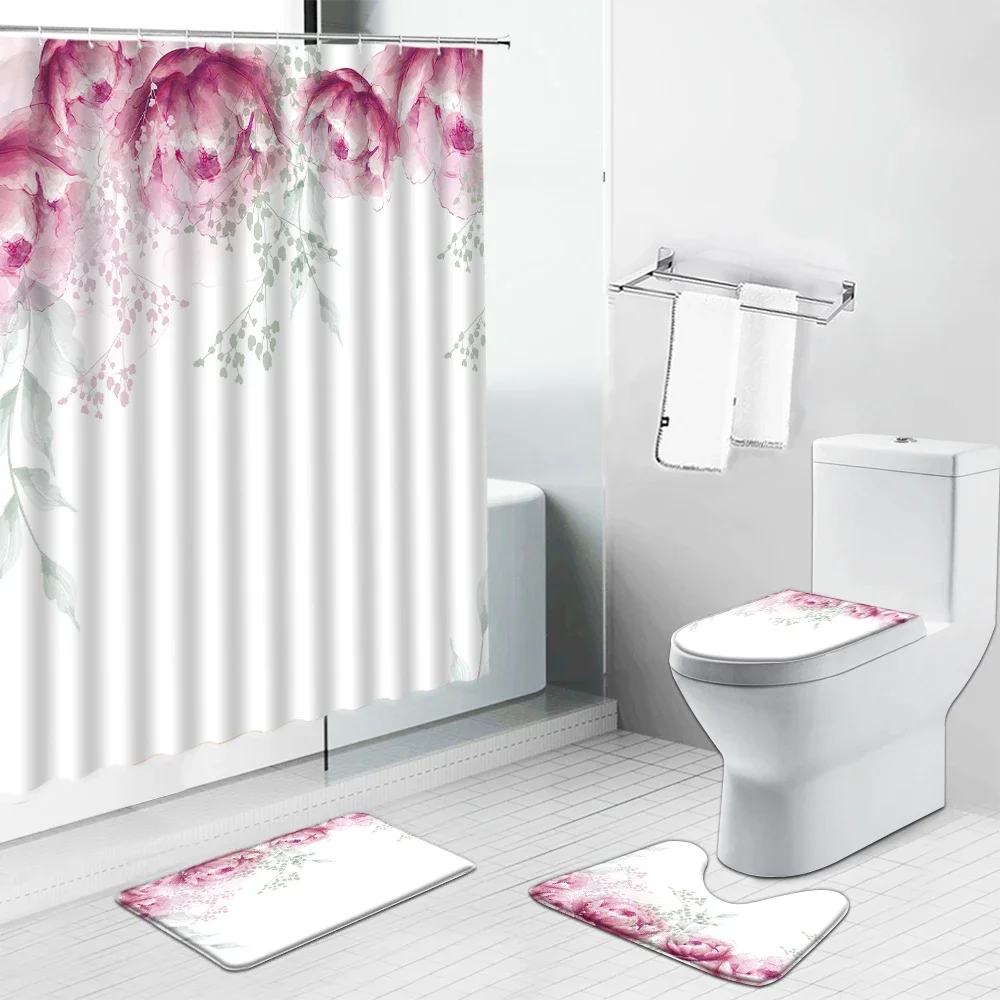 Flower Butterfly Scenery Shower Curtain Sunflower Tulip Floral Plant Landscape Toilet Cover Rug Carpet Non-slip Kitchen Bath Mat