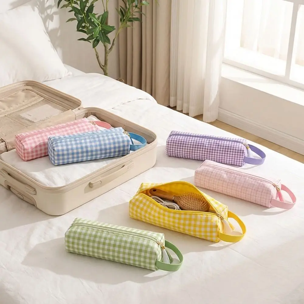Plaid Pattern Hair Dryer Storage Bag Soft Large Capacity Curler Storage Bag Zipper Closure Dustproof Curling Iron Carrying Case