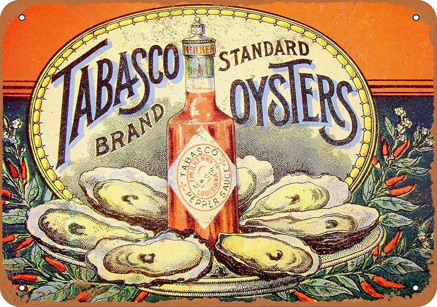 PaBoe 12 x 16 METAL SIGN - Tabasco Pepper Sauce Oysters - Vintage Bar Wall Decorative