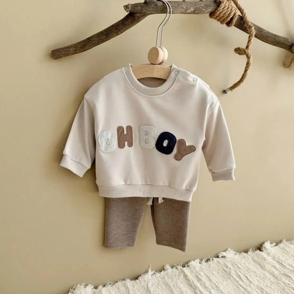 0-24M Baby Boy Clothes Set Newborn Infant Autumn Spring Letter Patch Outfits Tops Pants Casual Infant Clothing