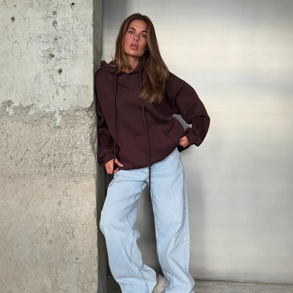 Felpa con cappuccio a maniche lunghe tinta unita casual alla moda da donna autunno nuovo stile semplice versatile top confortevole