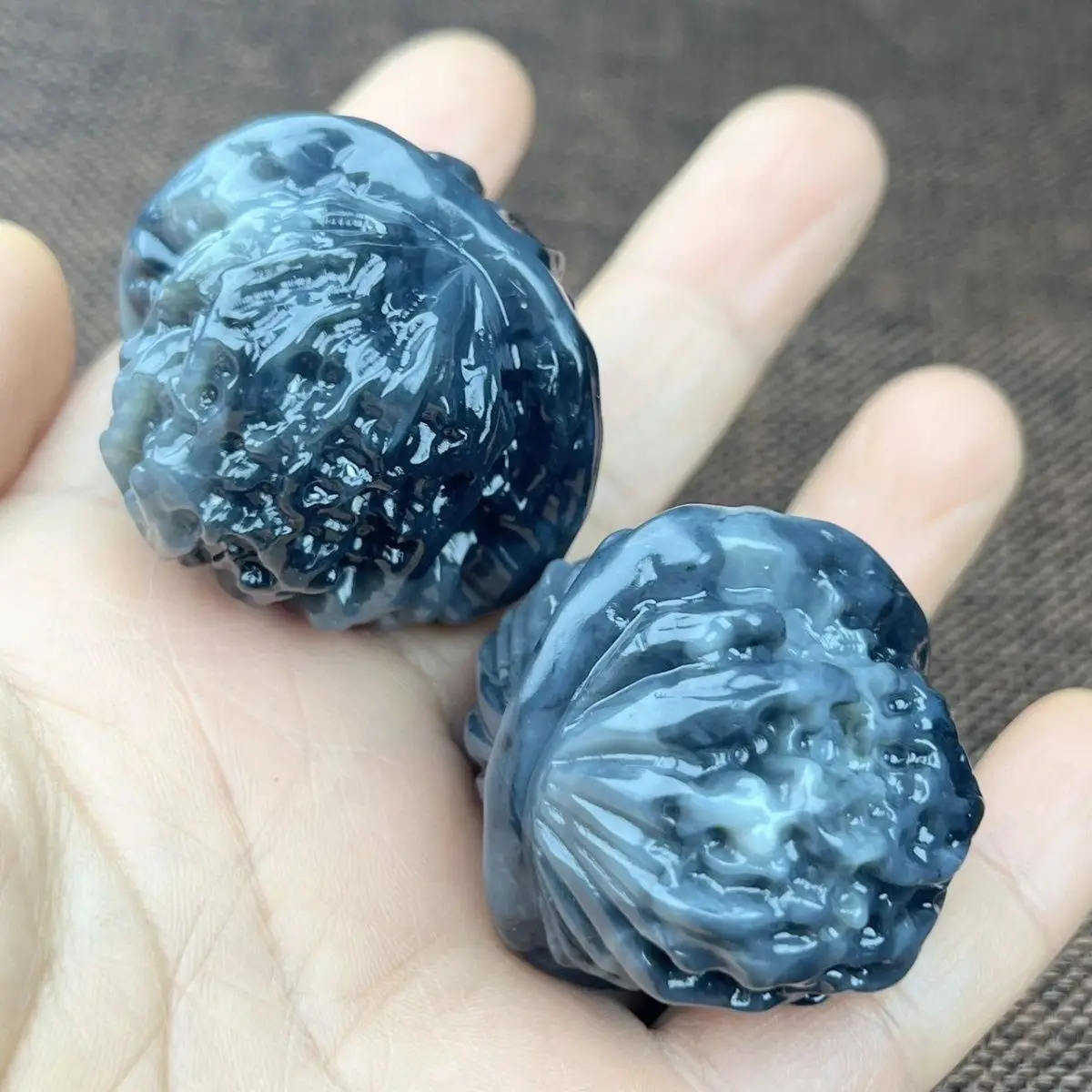 Xinjiang Hetian Jade Sugong Fine Carving Blue and White Walnut Handball Pair