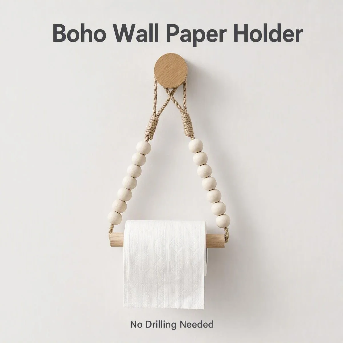 Bohemian Natural Wood Bead Jute Rope Toilet Paper Holder No Drill Wall Hanging Tissue Rack for Bathroom Kitchen