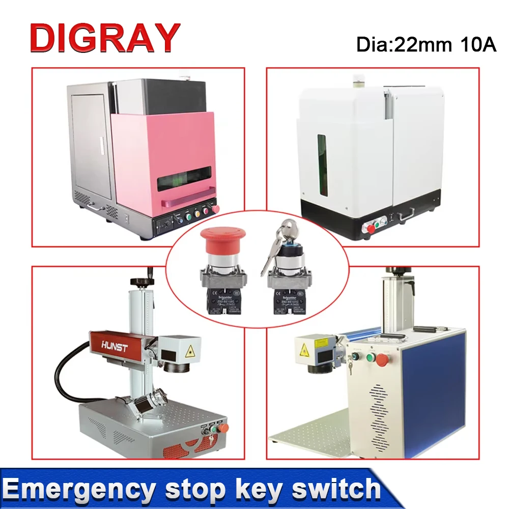 DIGRAY Emergency Stop Button NC Key Switch NO AC15 10A for CO2 Laser Engraving Cutting Machine & Fiber Marking Machine.