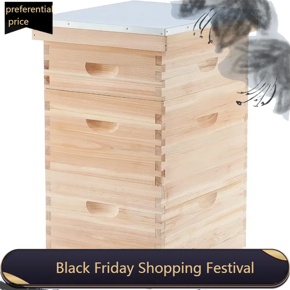 Bee Hive Boxes Starter Kit,3 Layer Bee House with 10 Medium and 20 Deep Frames & Foundations, Langstroth Beehive for Bee Keeping