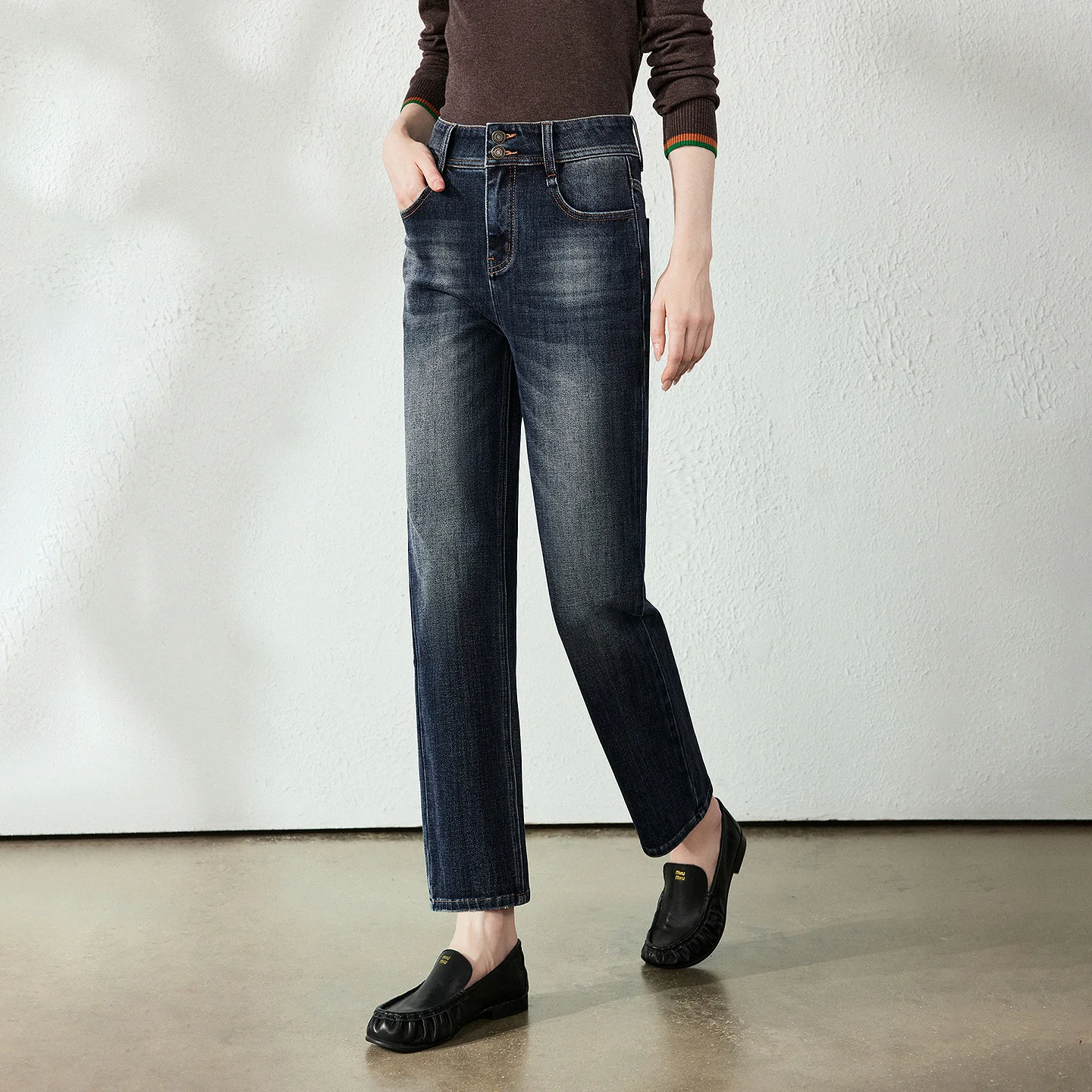 TOYOUTH Women Jeans 2026 Autumn New Four Way Stretch High Waist Washed Slim Retro Versatile Straight Leg Cropped Pants
