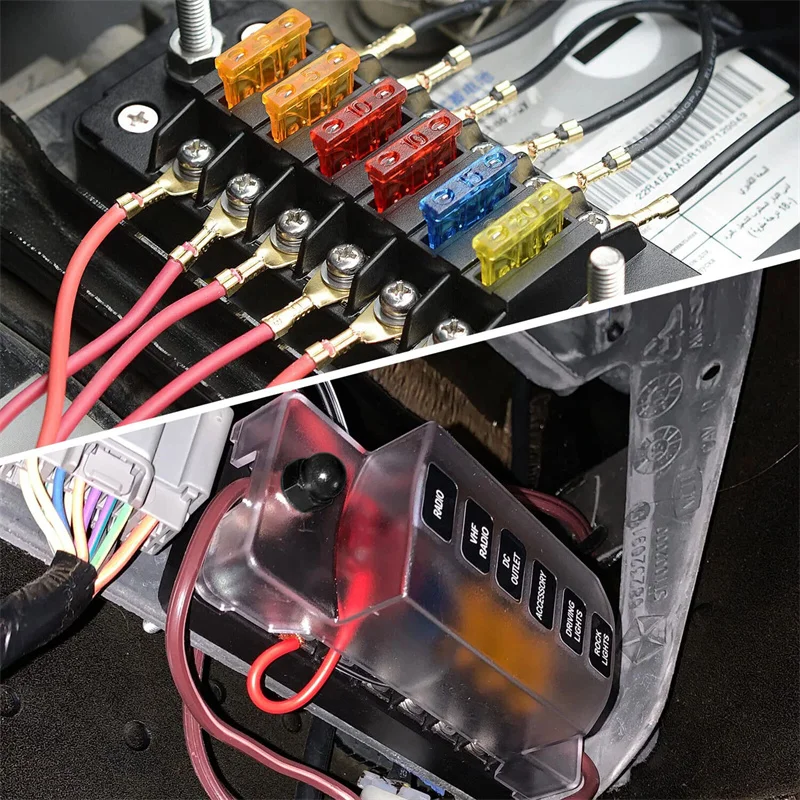 6-Way Car Fuse Holder with Negative Busbar – 12V ATC/ATO Blade Fuse Box, Waterproof Cover & Label Sticker Included