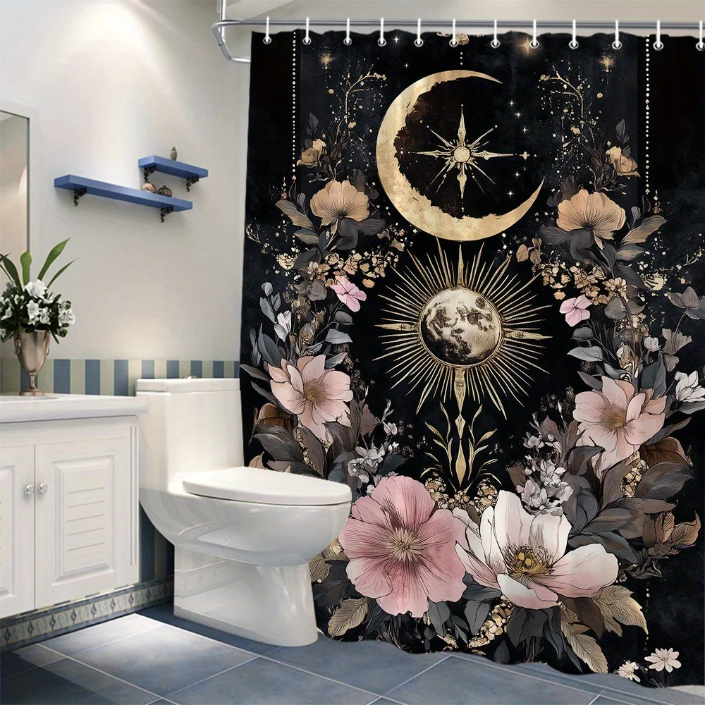 

1 шт. Занавеска для душа с небесным цветочным принтом — Золотой полумесяц и солнце с розами и пионами, викторианский стиль, 70x70 дюймов, 12 крючков,