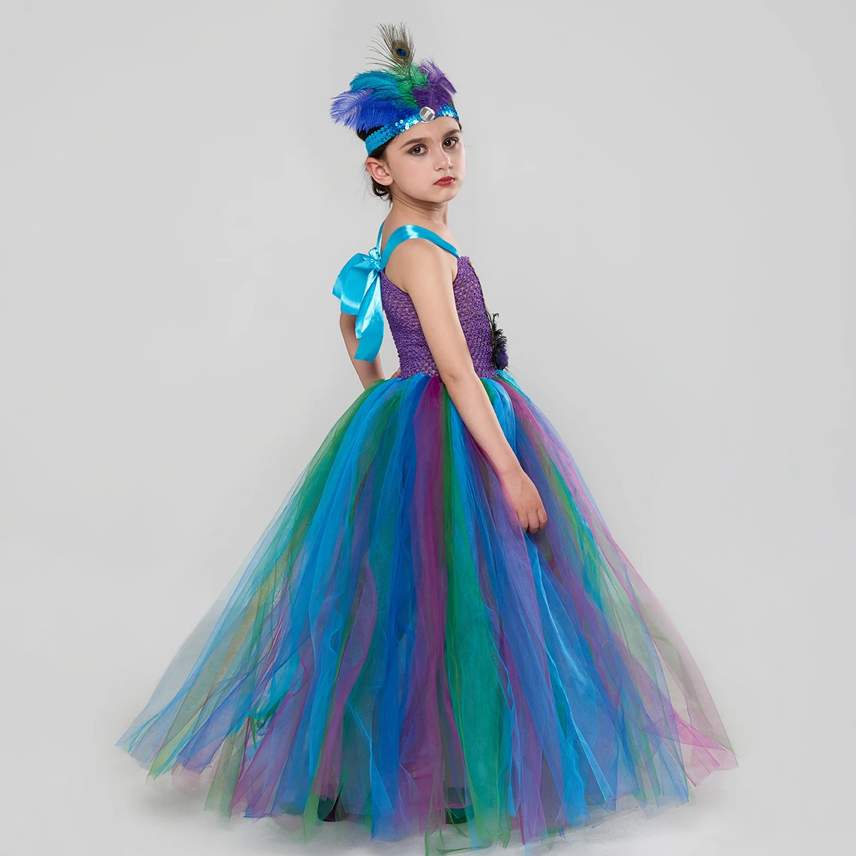 Elegancki kostium z pawich piór dziewczyny Purim fantazyjna paw Tutu sukienka z pałąkiem na głowę dzieci księżniczka korowód Party suknia balowa — zdjęcie 4