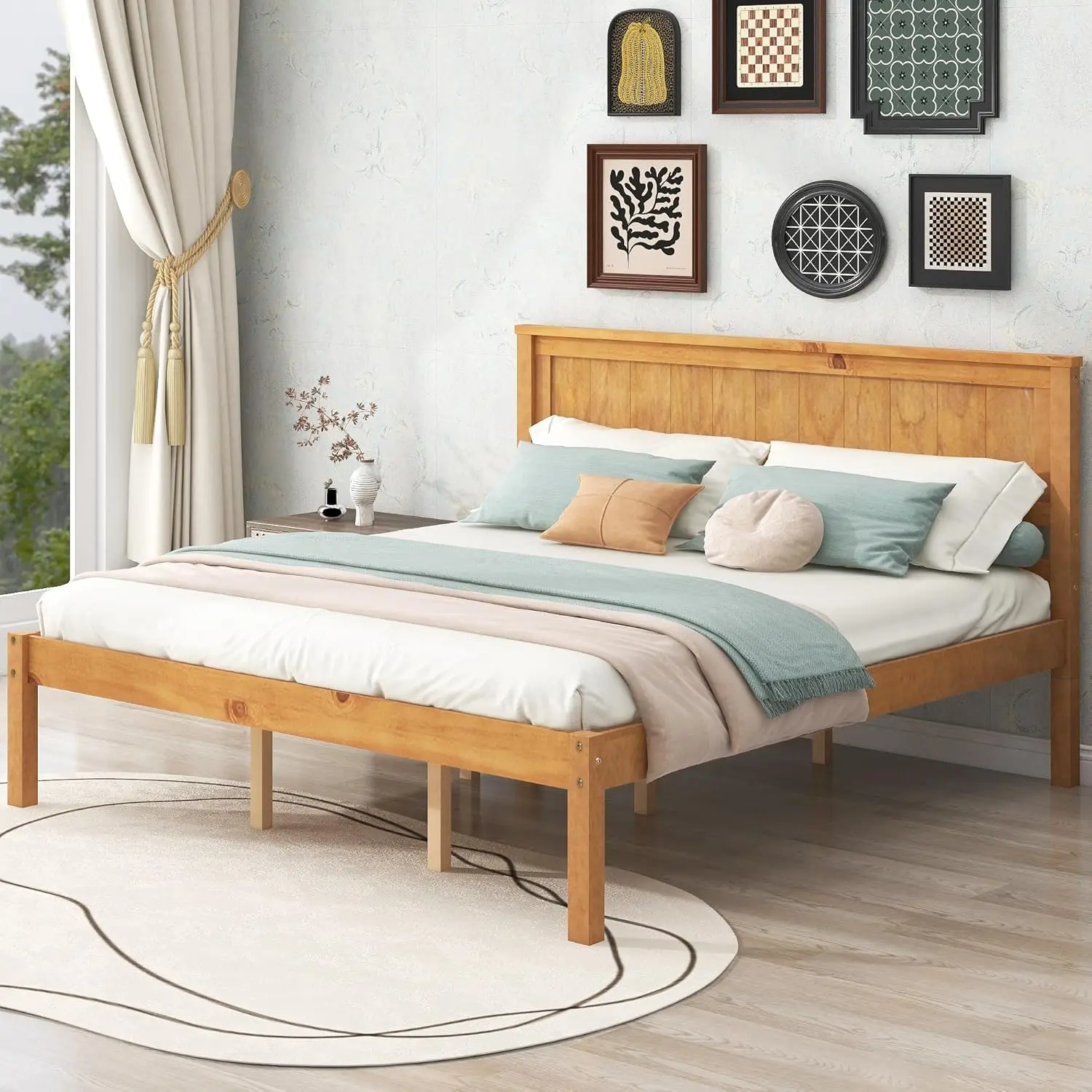 

Queen Size Bed Frame with Headboard, Wood Platform Bed with Slat Support for Kids Teens, No Box Spring Needed,, Customized