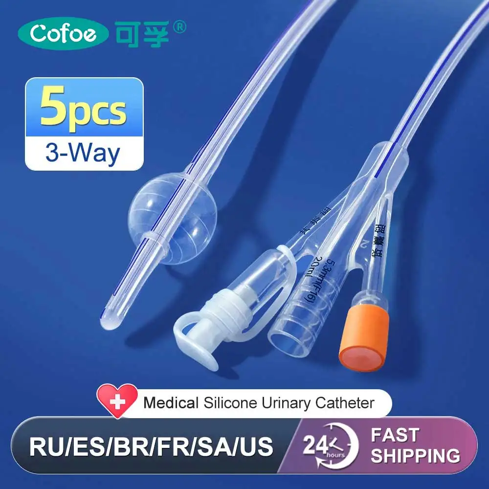 Cofoe 5Pcs Medical Disposable Silicone Urinary Catheter 3 Way Silicone Foley Balloon Catheter for Men Women 12/14/16/18/20/22Fr