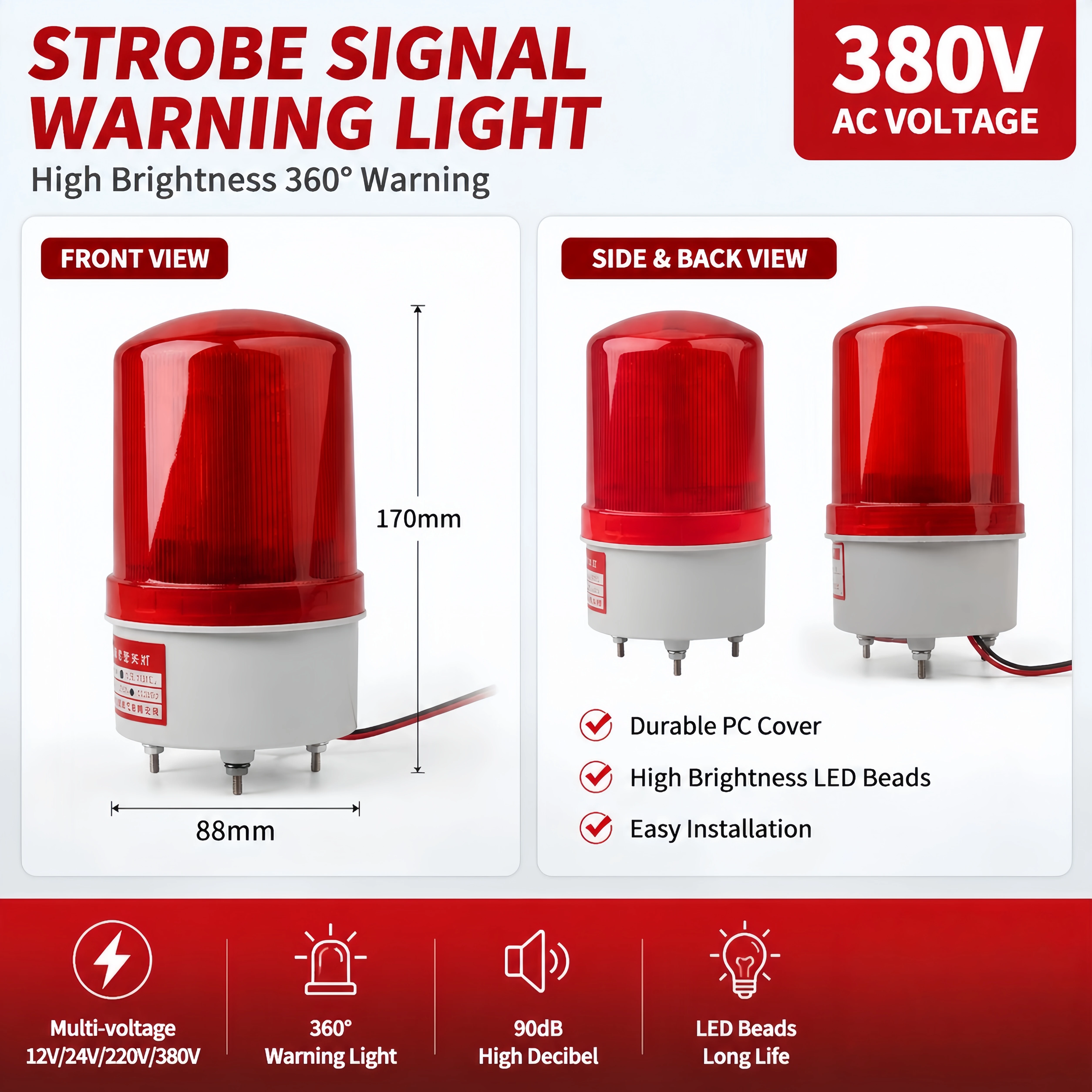 1101J LED Strobe Warning Light Sound Alarm Beacon, 12/24/220/380V, Bolt Mount Safety Flasher for Forklift Construction Vehicle