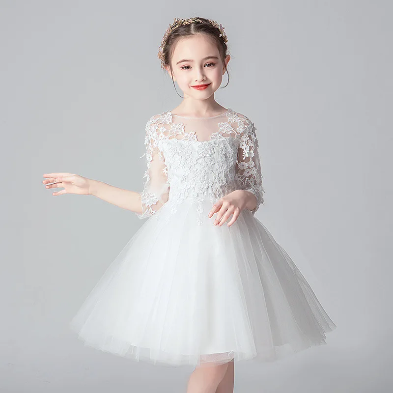 Summer Baby Girl White Floral Princess Dress Children Long Tulle Wedding Party Dress Kids Lace Vintage Clothes New In Dress