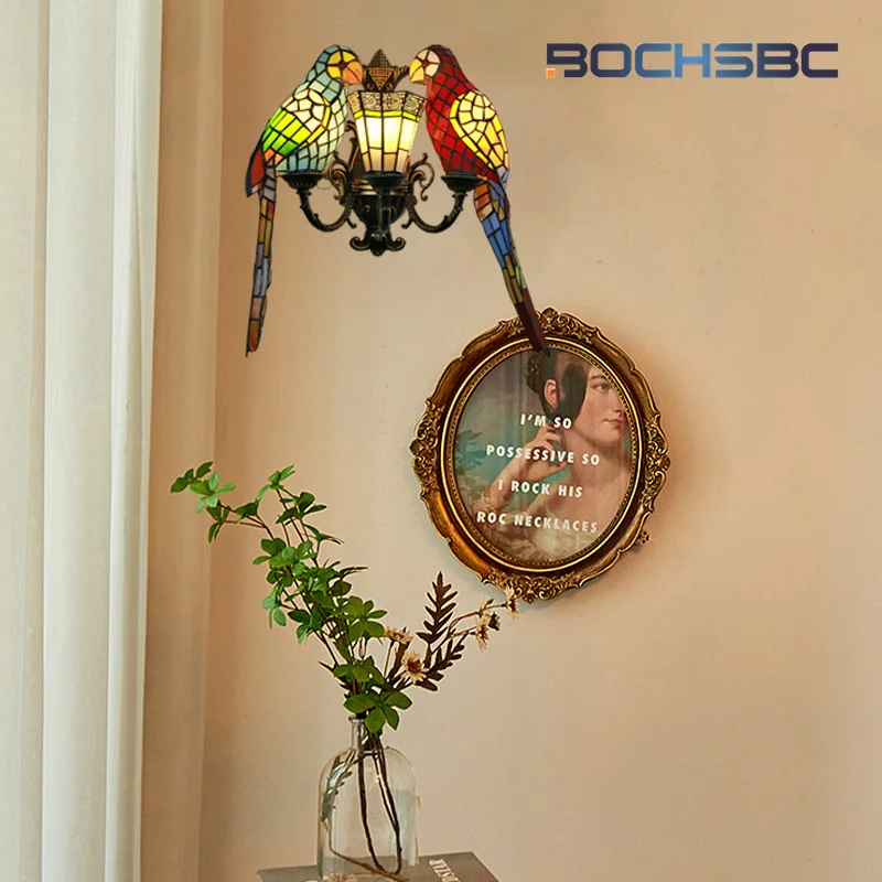 BOCHSBC Tiffany Stained Glass European Style wall lamps Multi-headed Parrot series Decor balcony bedroom hallway wall light