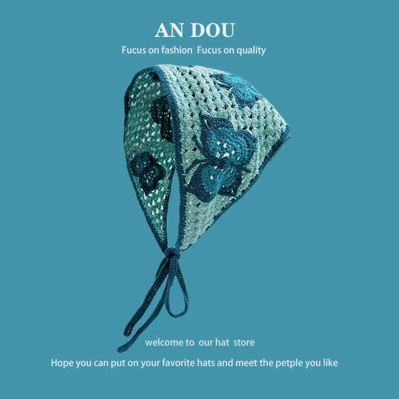 Dopamine Color Knitted Hollow Hair Scarf for Women Spring and Summer Travel Pastoral Style Versatile Sweet Triangle Towel
