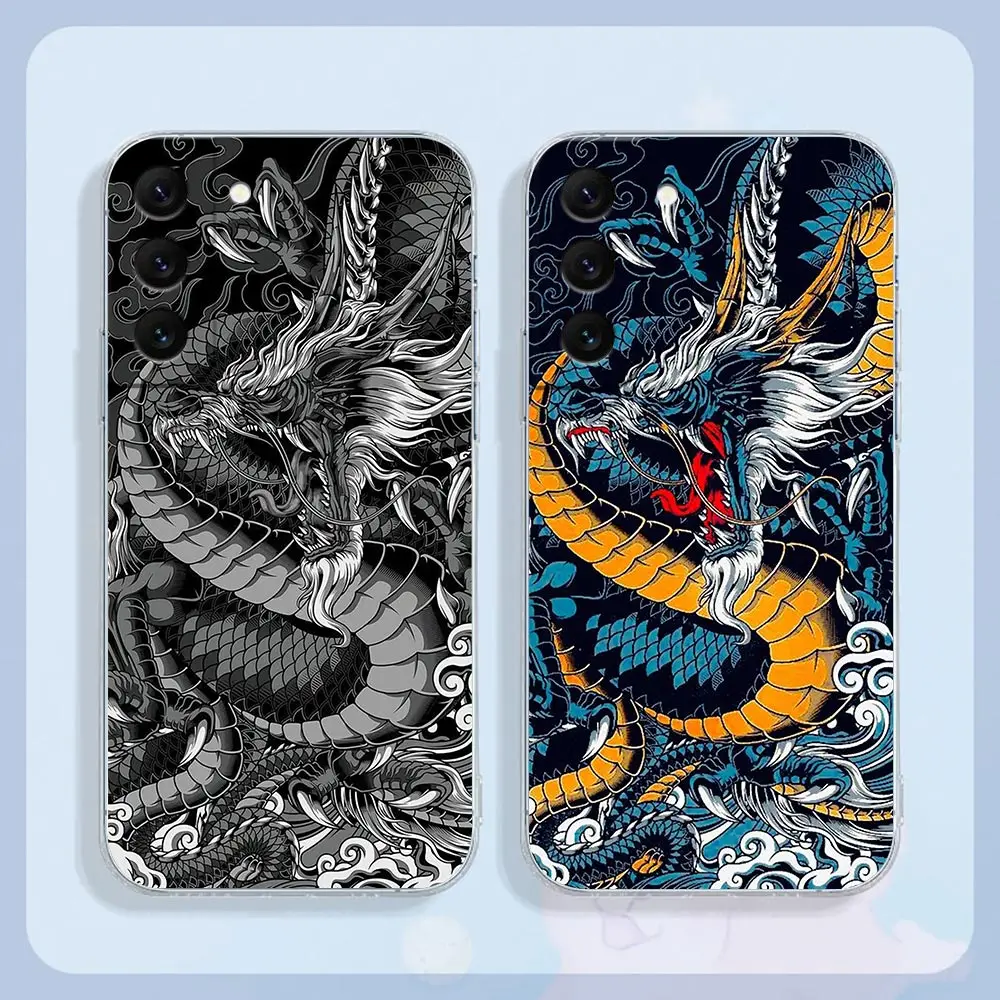 Clear Phone Case For Samsung S23 S22 S21 S20 FE S10 NOTE 10 A12 A10 A03S A04 PLUS ULTRA 5G Case Funda Mythical Dragon And Tiger