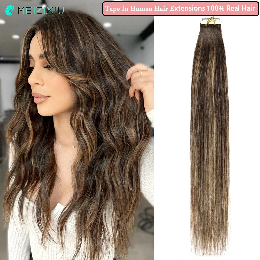 Cinta en extensiones de cabello para mujer, cinta de cabello Real, extensiones de cabello humano, marrón, 27 #, resalte 20 pulgadas, 50g, 20 unids/lote por paquete