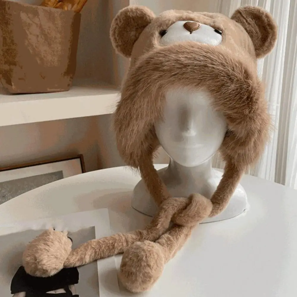 

Warm Hat Cozy Plush Bear Winter Hat with Ear Protection Women Winter Cap Solid Color Lei Feng Hat for Outdoor