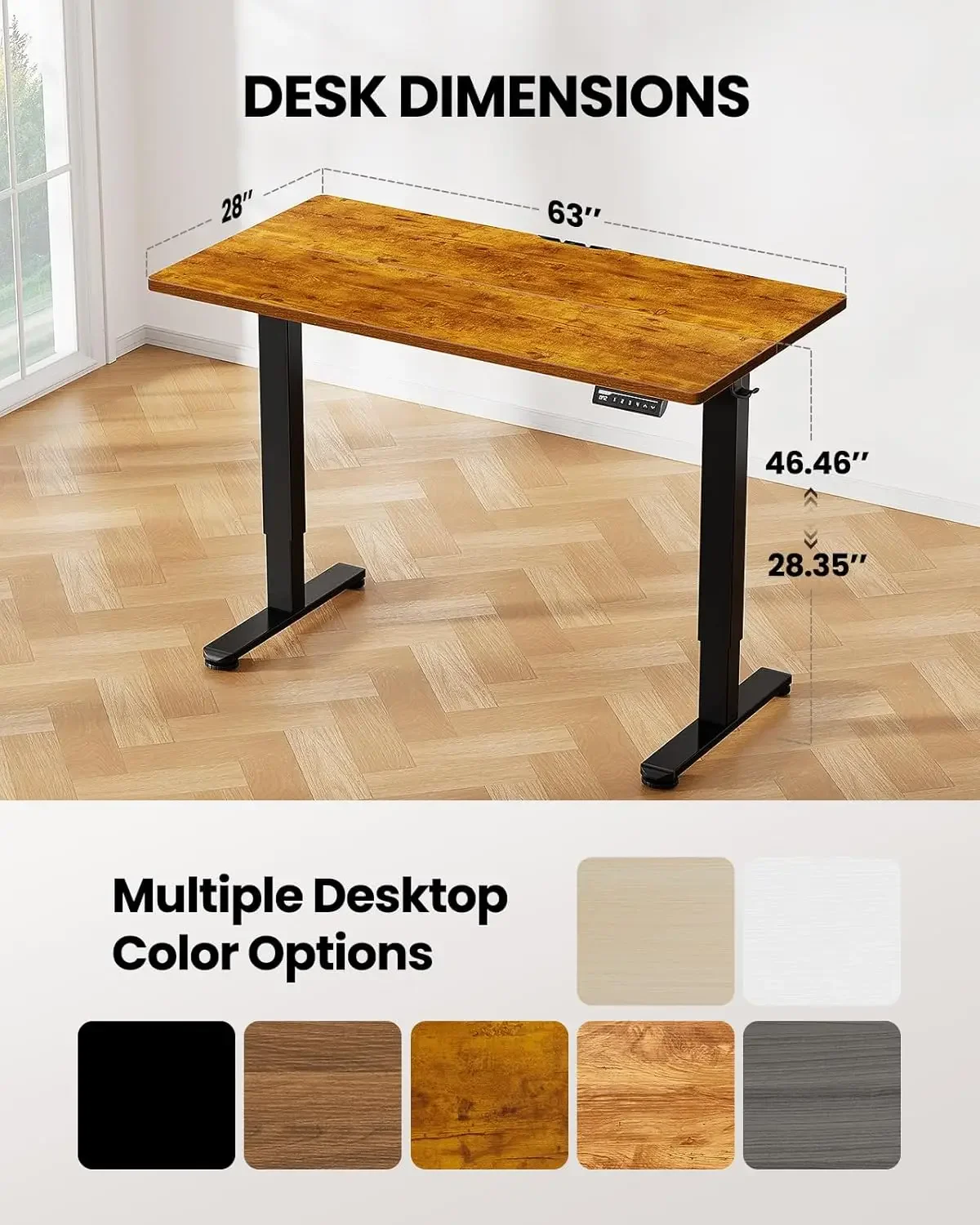 

63 x 28 Inches Sit Stand up Desk, Large Memory Computer Home Office Desk with Two-Piece Desktop (Vintage Brown)