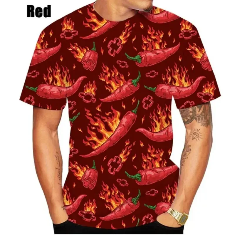 T-shirt estiva da uomo nuova stampata in 3D con motivo a peperoncino colorato Fashion Street Fun Plus Size girocollo Top