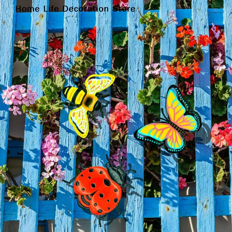 1/3Pcs Outdoor Metal Craft Vibrant Iron Colorful Bees Ladybugs Butterflies Wall Decor Garden Decoration Home Furnishings Gift