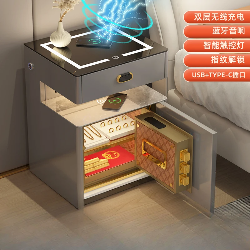 New smart bedside table hidden safe password fingerprint lock Bluetooth audio dual wireless charging induction lamp