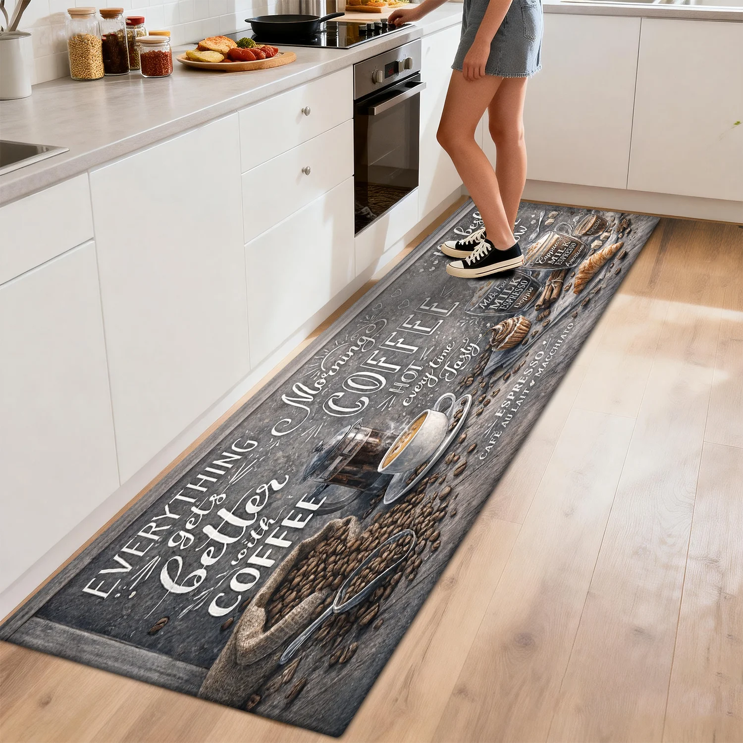 

Vintage Coffee Quote Print Long Runner Rug, Everything Gets Better with Coffee Non-Slip Floor Mat for Kitchen, Washable Cafe