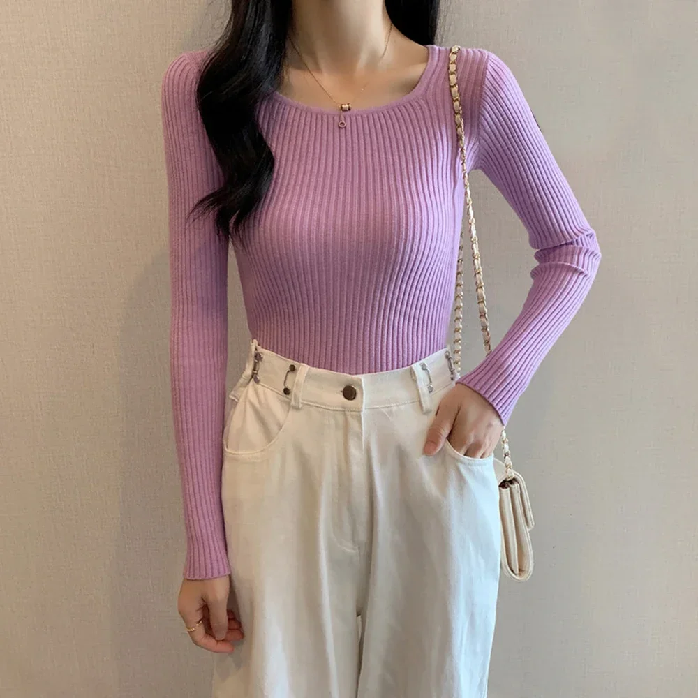 Woman Square Neck T Shirt Sweater Women Black Blue Knitt Blouse Pullover Top Girl S-XL Long Sleeve Slim Stretch Shirt Clothes image 5
