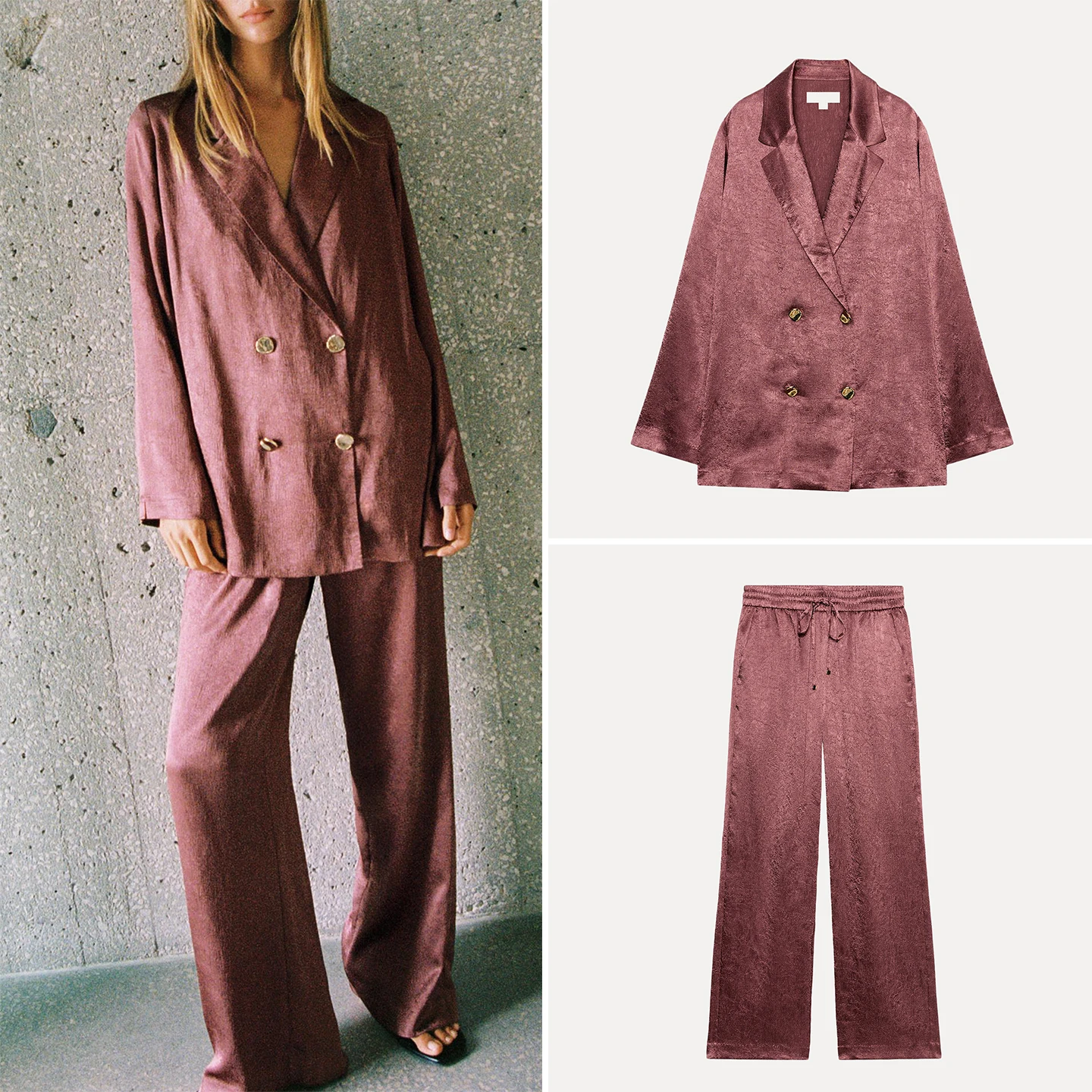 Women's Fashion Autumn Set High Waist Wide Leg Pants Cuffed Long Sleeve Suit Jacket Crumpled Texture Belted Outfit 2026 New