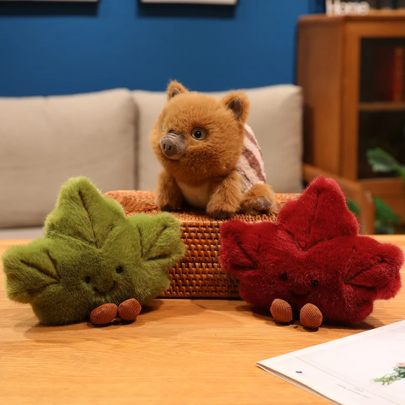 Kawaii Maple Leaf Wild Boar Doll Lie Down Green Plush Animal Pig Pillow Toy Red Ornament Soft Gift Foe Kids
