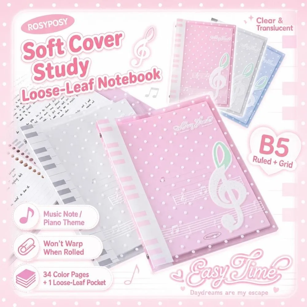 Cute Melody Loose Leaf Notebook Soft Cover B5 Polka Dot Music Note Book PP Ruled Grid Notebook For Office School