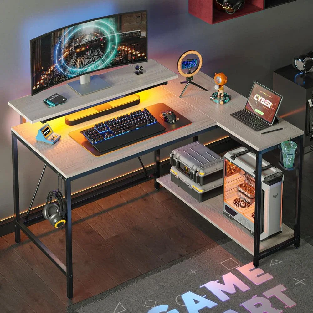 42 in. L-Shaped Wash Walnut Reversible Gaming Desk LED Computer Desk with Storage Monitor Stand and Headset Hooks