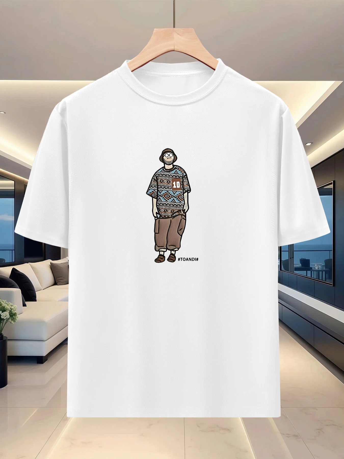 Free style men's round neck silhouette T-shirt for spring and summer travel, artistic print, lazy shoulder, half sleeve