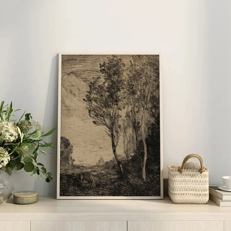 Vintage Tree Sketch Forest Poster Print Antique Landscape Canvas Painting Wall Art Picture for Living Room Home Decoration