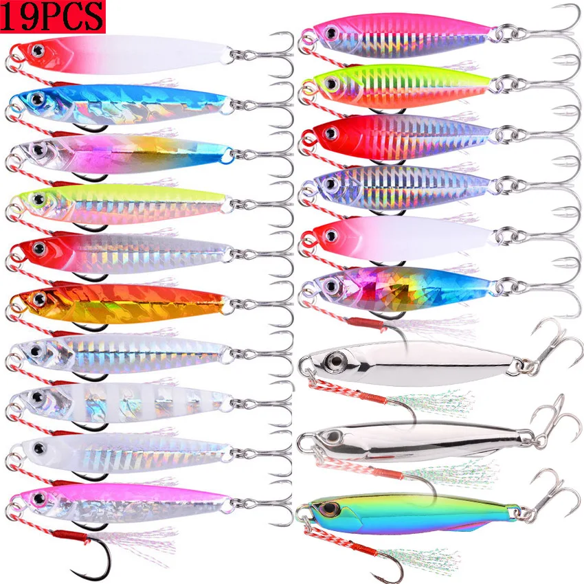 

19PCS Metal Cast Jig Spoon Lures Set 20G 30G 40G Artificial Bait Shore Slow Jigging Fishing Lures Super Hard Bass Fishing Tackle
