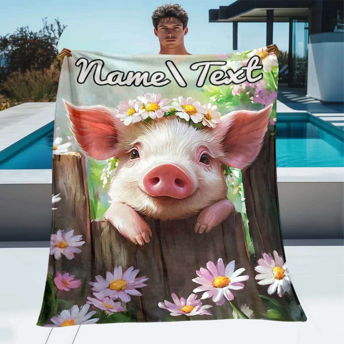 Personalized blanket, pig wearing flower crown, preferred for home decoration. This lightweight bedding is perfect for sofa beds