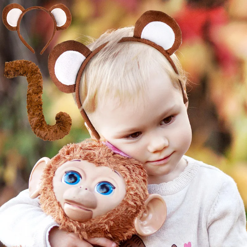 Set di coda per copricapo con orecchie di scimmia Accessori decorativi per animali carini Accessori per feste per ragazzi e ragazze Abiti per spettacoli teatrali di carnevale