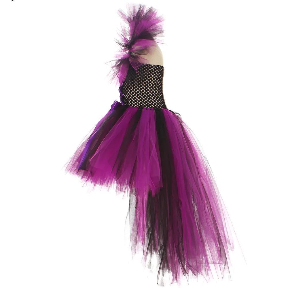 Mädchen Dark Angel Böse Königin Kostüm-Set Lila-Schwarzes Tüllkleid Mit Federflügeln Horn-Stirnband Für Halloween Karneval – Detail 8
