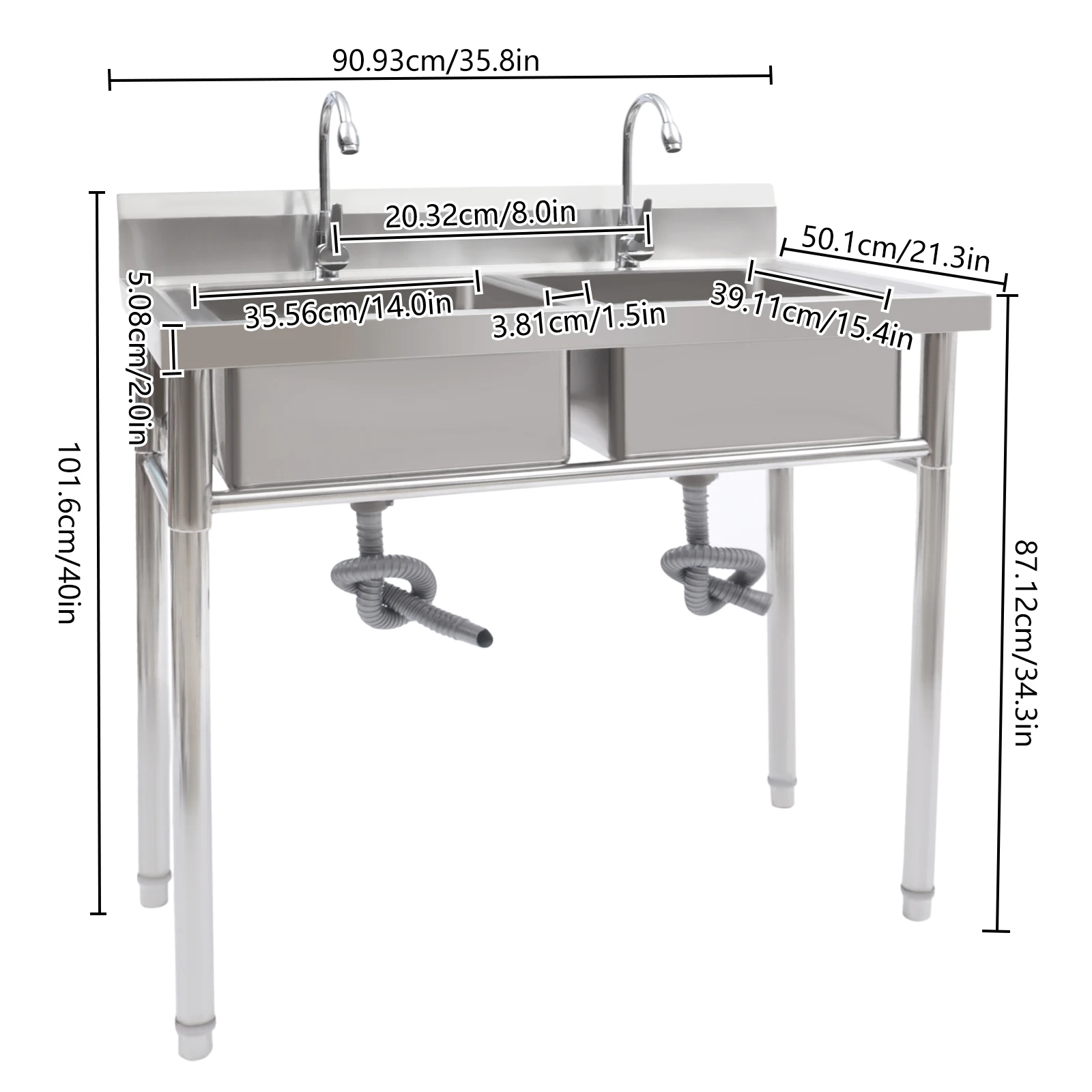 2 Compartment Commercial Sink w/ Double Faucet Restaurant USink -Stainless Steel