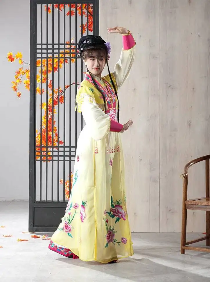 Chinese Opera Maid Costume Yellow Peony Floral Embroidery Ancient Maid Outfit for Peking Opera Stage Performance Cosplay Party