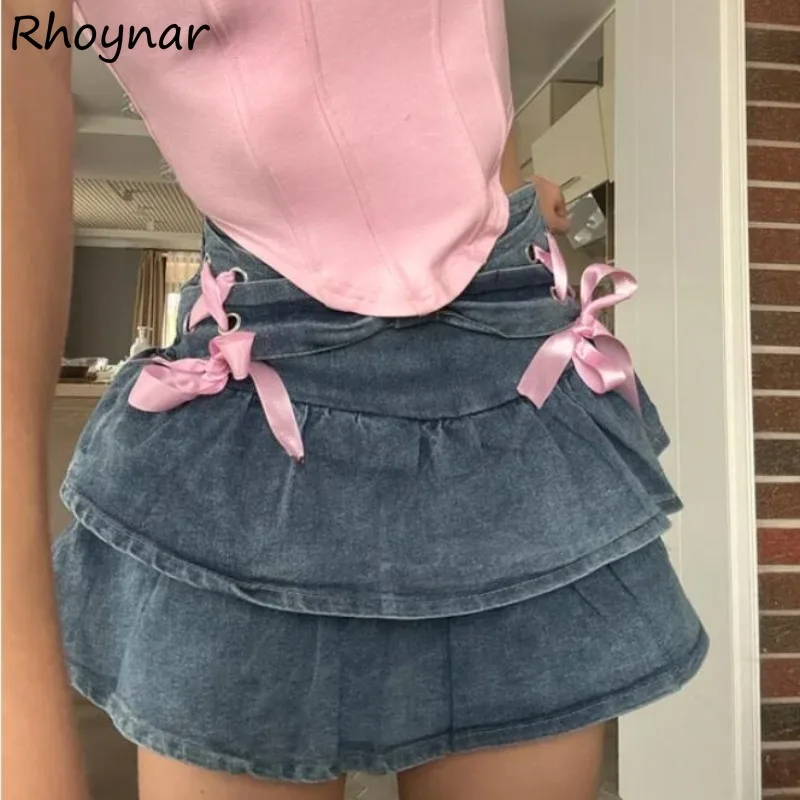 Solid Mini Skirts Women Korean Fashion Denim Lace-up Pleated Anti-glare High Waist Trendy Streetwear Kawaii Spicy Summer Leisure